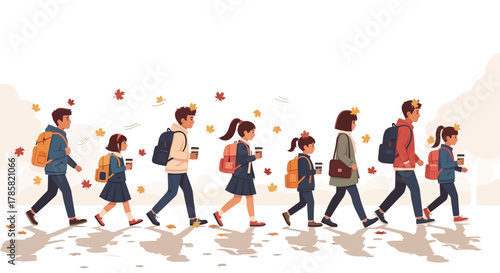 Children and Adults Walking Together to School in Autumn