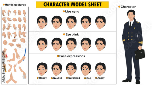 Female Pilot Character Constructor Kit. Customizable Airline Captain Model Sheet with Uniform, Confident Poses, and Facial Expressions.