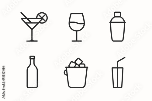 Minimalist drink icons: martini, wine, shaker, bottle, ice bucket, juice
