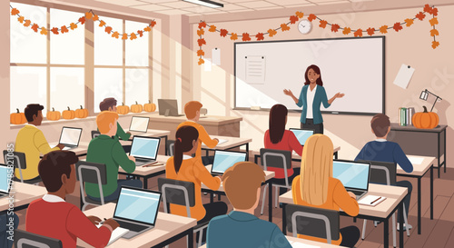 Diverse Classroom Scene Students with Laptops, Teacher Presenting, Autumn Decor