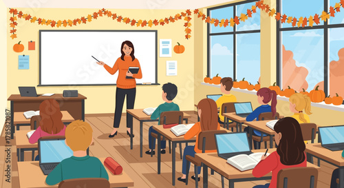 Classroom Scene with Teacher and Students During Autumn Season, Learning and Education Concept