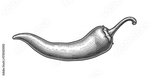 Intricate engraved style chili pepper drawing with textured details