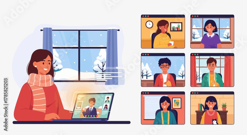 Woman teleworking from home in winter, warmly dressed, engaged in a vibrant online video conference with a diverse team of colleagues, showcasing modern remote collaboration