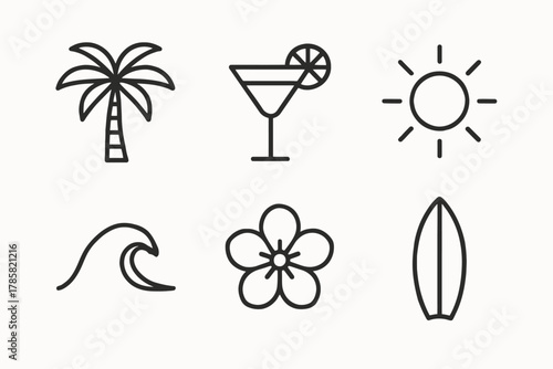 Summer beach icon set with palm tree, cocktail, sun, wave, flower, and surfboard