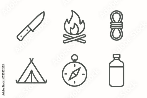 Essential camping icons: knife, fire, rope, tent, compass, bottle
