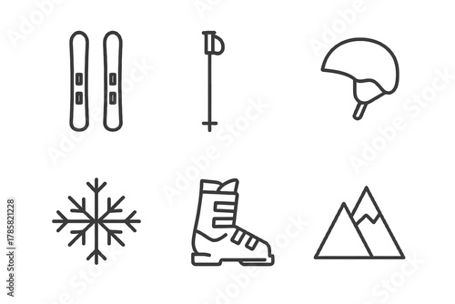 Winter sports essentials: skis, pole, helmet, snowflake, boot, mountain icons