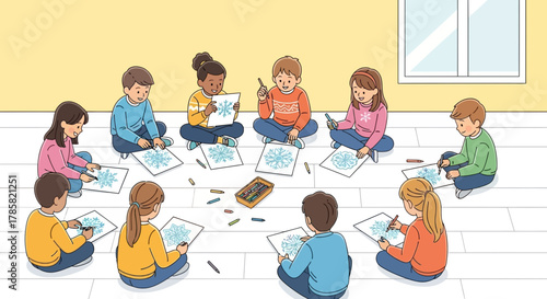 Diverse young children enjoying a creative art session, drawing and coloring with crayons on the floor, promoting early learning, artistic expression, and social development skills