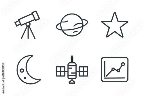 Space exploration icons: telescope, planet, star, moon, satellite, graph