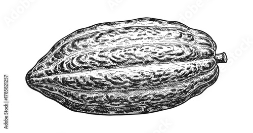 Detailed black and white engraving of cacao pod in vintage style