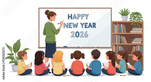 A teacher writes 'Happy New Year 2026' on a whiteboard for a class of young students sitting on the floor with their tablets
