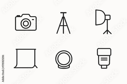 Photography equipment icons: camera, tripod, studio light, backdrop, lens, flash