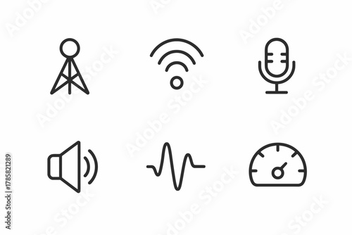 Wallpaper Mural Minimalist audio and communication icons: antenna, wifi, microphone, sound, wave, speedometer Torontodigital.ca