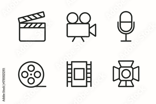 Icon set: movie clapper, camera, microphone, film reel, photo frame, spotlight