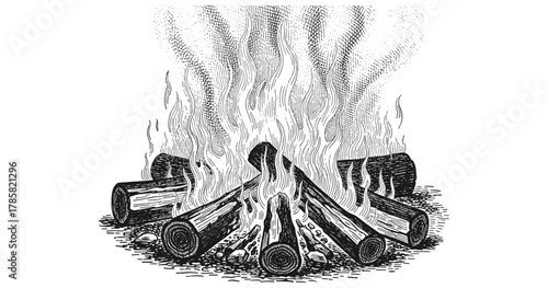 Rustic bonfire drawing with smoky logs in detailed engraving style