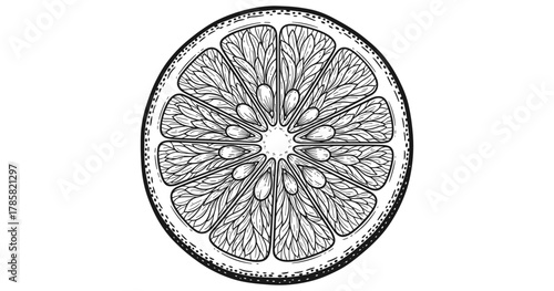 Intricate hand drawn grapefruit slice with detailed line art and organic patterns