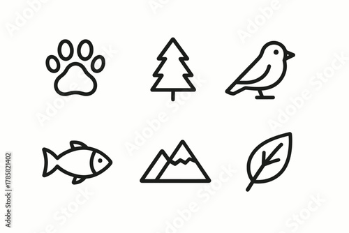 Nature icons: paw print, tree, bird, fish, mountain, leaf in black and white