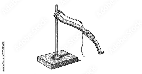 Hand-drawn bow drill illustration: traditional fire starting tool with detailed woodwork