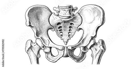 Detailed vintage anatomy of human pelvic bones in engraved style