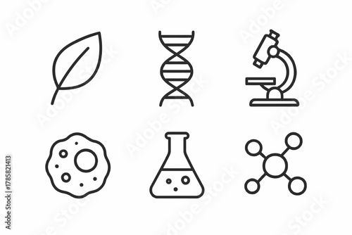 Science icons: leaf, dna, microscope, cell, flask, molecule line art