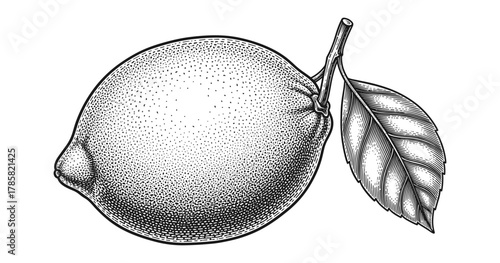 Intricate vintage lemon art with detailed leaf in black and white