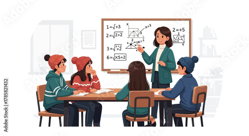 Engaging Classroom Learning Students Gather Around Teacher for Explanations, Equations, and Interactive Discussion