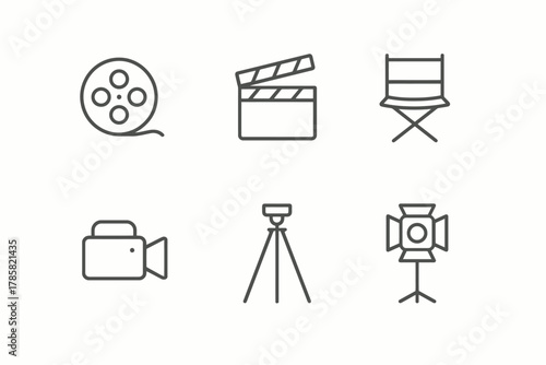 Film production icons: camera, clapperboard, director's chair, and lighting equipment