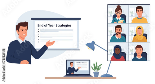 A business professional presenting a strategic plan to a diverse remote team during an online video conference