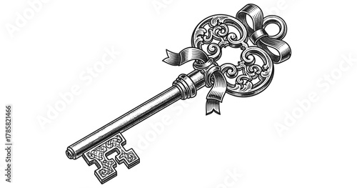 Intricate vintage key with ribbon in detailed engraving style