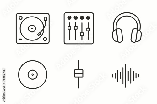 Outline icons of audio equipment: turntable, mixer, headphones, disc, fader, sound wave