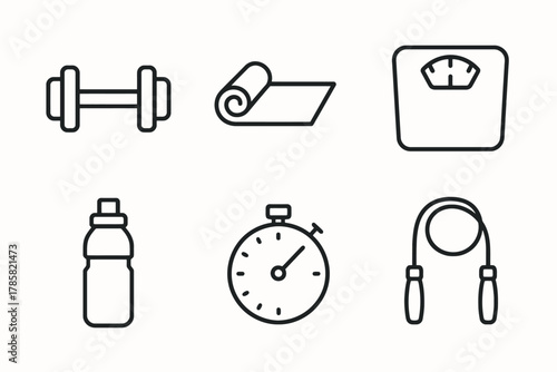 Fitness equipment icons: dumbbell, yoga mat, scale, water bottle, stopwatch, jump rope