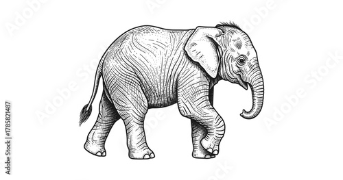 Detailed sketch of baby elephant walking on white background