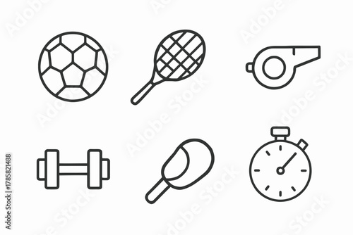 Sports equipment icons: soccer, tennis, whistle, dumbbell, table tennis, timer