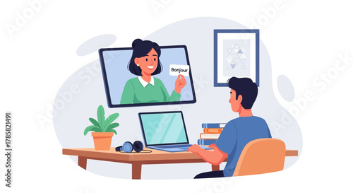 Male student at home engaged in an interactive e-learning session for language studies with a remote teacher