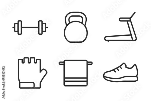 Minimalist fitness equipment icons: dumbbell, kettlebell, treadmill, glove, towel, shoe