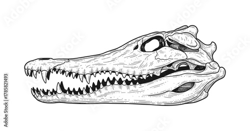 Detailed crocodile skull drawing in black and white