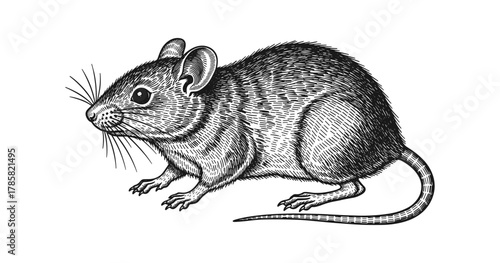Detailed engraving of mouse in black and white with intricate shading