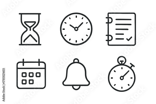 Minimalist time management icons: hourglass, clock, calendar, stopwatch, bell, checklist