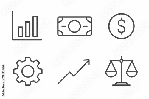 Business and finance icons: growth, currency, and balance symbols