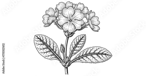 Detailed botanical drawing of primula flower with leaves in monochrome style