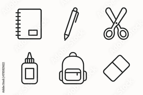 Simple icons of notebook pen scissors glue backpack eraser for school supplies