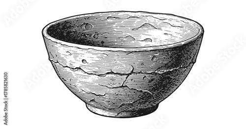 Intricate hand drawn ceramic bowl with vintage etching style