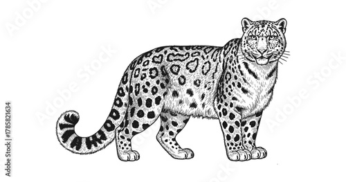 Detailed black and white snow leopard drawing