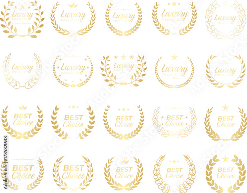 Luxury laurel wreath element set. Includes of award, victory, royal, classic, premium, emblem, and More. Vector flat color collection