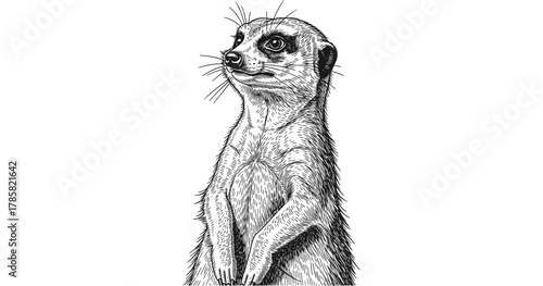 Detailed black and white meerkat sketch with intricate linework and texture