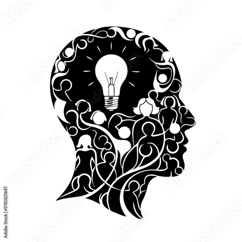 Intricate human head silhouette graphic with a glowing lightbulb inside, symbolizing brilliant ideas, creative thinking, inspiration, innovation, and intellectual enlightenment