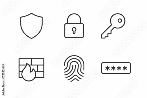 Minimalist security icons: shield, lock, key, firewall, fingerprint, password