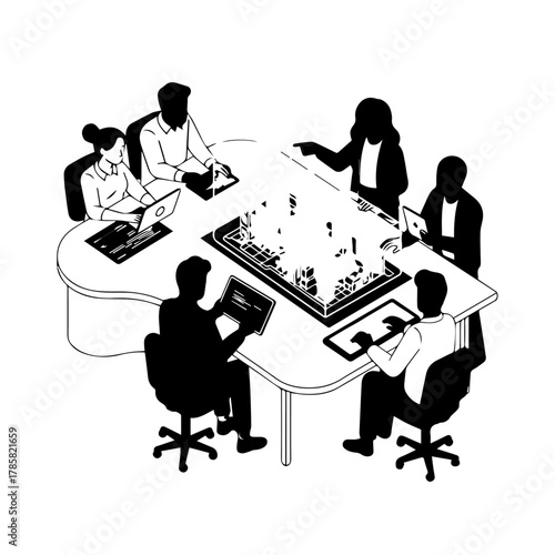A team of business professionals in a futuristic meeting using a holographic table to collaborate on an urban planning and architecture project