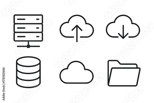 Cloud computing icons: server, database, upload, download, and file storage symbols