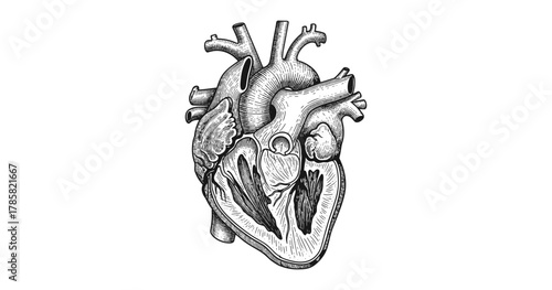 Detailed anatomical heart drawing with black and red highlights