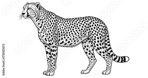 Detailed black and white cheetah drawing in side profile